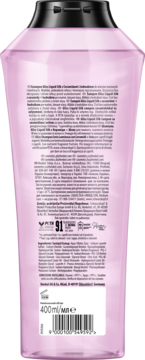Tył różowego szamponu Gliss Liquid Silk 400ml, widoczna pełna lista składników i informacja o 91% naturalnych składnikach.