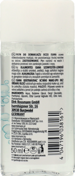 Tył butelki płynu do demakijażu oczu Isana 50ml, przezroczysta, z białym wieczkiem i etykietą z opisem.