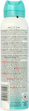 Tył białego sprayu Garnier Action Control Antyperspirant 48h z turkusową zakrętką, widoczne teksty i kod kreskowy.