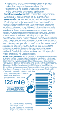 Ziajka emulsja ochronna SPF 50+ dla dzieci, tył białej butelki z listą składników i instrukcjami użycia.