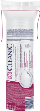Cleanic Pure Effect Płatki kosmetyczne. Tył biało-różowego opakowania ze 100% bawełny, opis cech i barcode.
