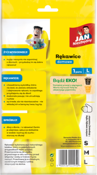 Tył żółtego opakowania rękawic domowych Jan Niezbędny, rozmiar L, z polskimi instrukcjami i kodem EAN.