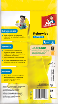 Tył żółtego opakowania rękawic domowych JAN Niezbędny r. S, z opisem bawełnianej wyściółki.