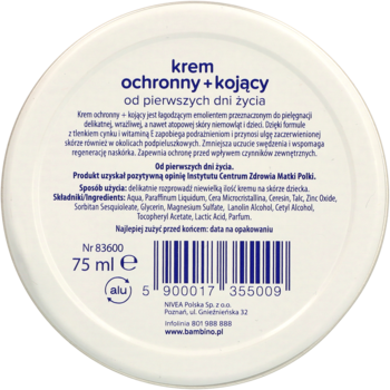 Tył białego okrągłego opakowania kremu ochronnego Bambino 75 ml z opisem i kodem kreskowym.