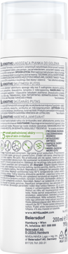 Tył białej butelki NIVEA MEN Sensitive Łagodząca Pianka do Golenia (200ml) z polskim opisem produktu.