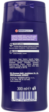 Fioletowy szampon ISANA, tył opakowania z etykietą, 300 ml. Szampon srebrny dla włosów blond, siwych, usuwa żółty połysk.