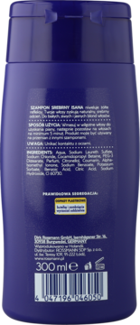 Tył ciemnoniebieskiej butelki ISANA Srebrny szampon 300ml, usuwający żółty połysk. Widoczne info i skład.