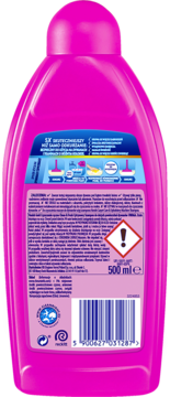 Tył różowej butelki odplamiacza Vanish Gold Oxi Action 500 ml do dywanów, z napisem 5x czyściej.