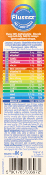 Tył pomarańczowego opakowania Plusssz Multiwitamina + Minerały z tabelą wartości odżywczych i kodem kreskowym.