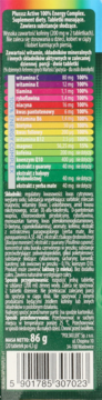 Tył zielonego opakowania Plusssz Active Energy Complex, suplementu diety, z tabelą składu i kodem kreskowym.