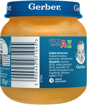 Tył słoika Gerber Zupka jarzynowa dla niemowląt, bezglutenowa, z niebieską nakrętką, kodem i składem produktu.