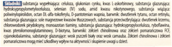 Selen+Cynk suplement diety: zbliżenie na polski tekst z etykiety, zawierający listę składników i ostrzeżenie.