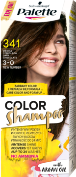 Front opakowania szamponu Schwarzkopf Palette 341 Ciemna Czekolada, z modelką i olejkiem arganowym.