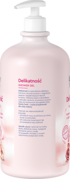 Tył różowej butelki żelu Family Fresh Delikatność z białą pompką i opisem produktu na etykiecie.
