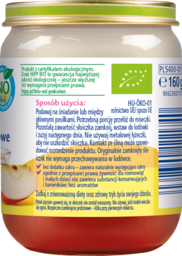 Tył słoika Hipp Moje Śniadanko musli jabłkowo-truskawkowe, 160g, z certyfikatem bio i opisem użycia.