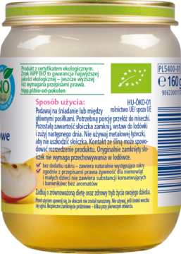 Tył słoiczka HiPP BIO, mus owocowy, widoczna zielona etykieta z polskimi instrukcjami i certyfikatem eko.