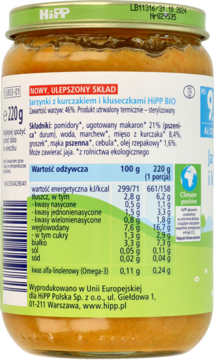 Tył słoiczka HiPP Jarzynki z kurczakiem i kluseczkami BIO, widoczna tabela wartości odżywczych i skład z Omega-3.