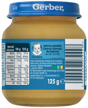 Tył słoiczka Gerber z przecierem gruszkowym 125g. Etykieta z wartościami odżywczymi, składem i kodem kreskowym.