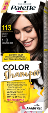 Schwarzkopf Palette Color Shampoo 113 Czarny (1-0), pionowe opakowanie z wizerunkiem uśmiechniętej kobiety, z olejkiem arganowym.