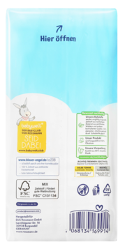 Tył opakowania pieluszek Babydream Mini 2 (3-6 kg), z kodem kreskowym, certyfikatami FSC i Blue Angel.