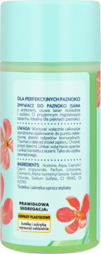 Tył zielono-niebieskiego zmywacza do paznokci Isana, z etykietą pokazującą skład i informacją o migdałowym zapachu.