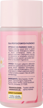 Tył różowej butelki zmywacza do paznokci ISANA, bez acetonu, z olejkiem pomarańczowym, z instrukcją recyklingu.