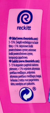 Różowa etykieta odplamiacza Vanish Oxi Action z listą składników, logo Reckitt i symbolem recyklingu.