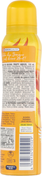 Tył żółto-pomarańczowej pianki do golenia o zapachu Fruity Breeze, z listą składników i kodem kreskowym.