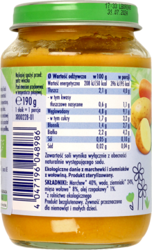 Tył słoiczka puree dla dzieci, z marchewką i wołowiną, widoczne dane odżywcze i skład.