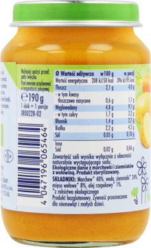 Tył słoiczka organicznego dania dla niemowląt: marchew, ziemniaki, wołowina. Etykieta ze składem, bez glutenu.