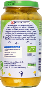 Tył słoiczka Babydream BIO Obiadek warzywny dla niemowląt, zielona zakrętka, polska etykieta 250g.