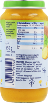 Tył słoiczka Babydream BIO Obiadek warzywny ze słodkim ziemniakiem 250 g, widoczne etykieta z tabelą składników odżywczych.