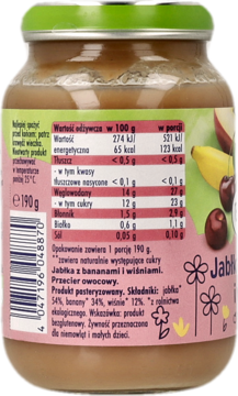 Tył słoiczka Babydream z przecierem jabłkowo-bananowo-wiśniowym. Zielona nakrętka, etykieta z tabelą składu.
