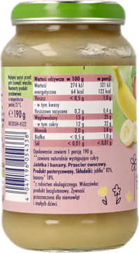 Tył słoiczka z musem jabłkowo-bananowym dla niemowląt. Bio owoce, bez glutenu i dod. cukrów.