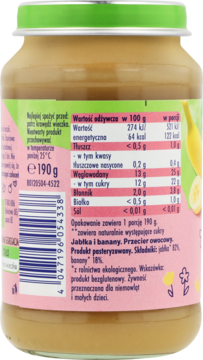 Tył słoiczka z bio przecierem jabłkowo-bananowym dla niemowląt, z zieloną nakrętką i etykietą wartości odżywczych.