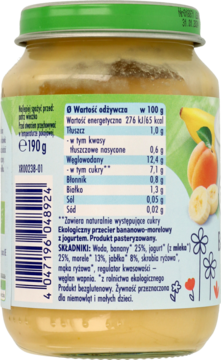 Tył słoiczka Babydream, przecier bananowo-morelowy z jogurtem. Widoczna zielona nakrętka, skład i wartości odżywcze.