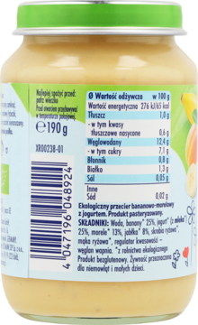Tył słoiczka Babydream organicznego przecieru bananowo-morelowego z jogurtem, z tabelą wartości odżywczych i składem.