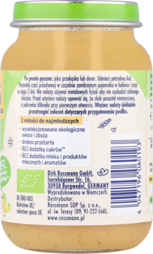 Tył słoiczka Babydream puree owocowego z pełnoziarnistymi płatkami 6m+, bio, bez cukru.