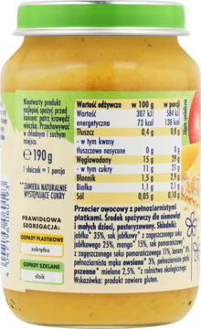 Tył słoiczka Babydream, puree owocowe z płatkami, widoczne etykiety ze składem i owocami mango i jabłka.