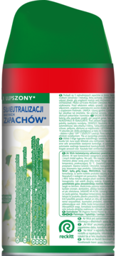 Tył zielono-białego opakowania Air Wick Freshmatic, neutralizującego zapachy, z motywem białych kwiatów.