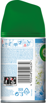 Tył wkładu Air Wick Freshmatic, zielona góra, biały korpus, czytelne instrukcje i kod kreskowy, tło z białymi kwiatami.