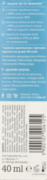Tył opakowania nawilżającego kremu tołpa 40 ml, z listą składników, sposobem użycia i kodem kreskowym.