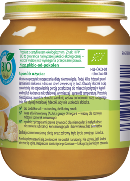 Tył szklanego słoiczka Hipp Bio przecieru warzywnego dla niemowląt, z zieloną etykietą, instrukcjami i BIO logo.