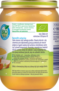 Tył szklanego słoika z kaszką HiPP BIO dla niemowląt, zielona etykieta ze sposobem użycia.