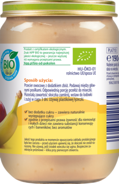 Tył szklanego słoiczka przecieru Hipp Owoce & Zboża BIO. Widoczne instrukcje i informacje bez cukru i dodatków.