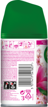 Tył zielono-białego wkładu Air Wick Freshmatic, o zapachu kwiatu wiśni i magnolii, z kodem kreskowym i etykietą.