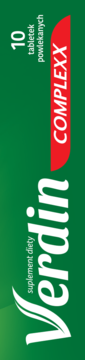 Pionowe zielone pudełko Verdin Complexx, suplement diety na trawienie, z białym napisem i czerwonym paskiem, 10 tabletek.