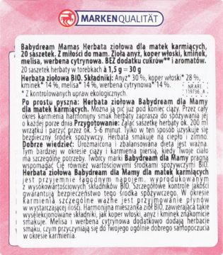 Tył opakowania herbaty Babydream Mamas dla matek karmiących, z polskim opisem BIO składników i sposobu przygotowania.