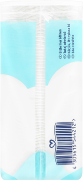 Tył białego opakowania płatków kosmetycznych Babydream, z niebieskimi chmurami, kodem i instrukcją otwierania.