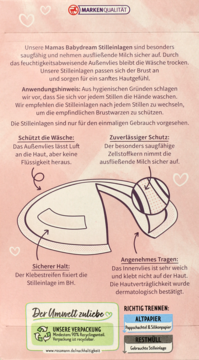 Tył opakowania wkładek laktacyjnych Babydream, z diagramami cech produktu i tekstem informacyjnym.